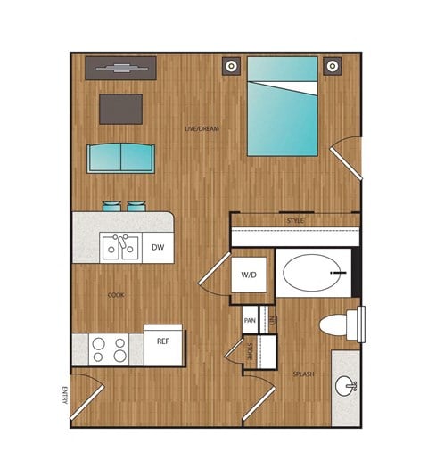 Floor plan for studio, 1 bath, 571 sqft